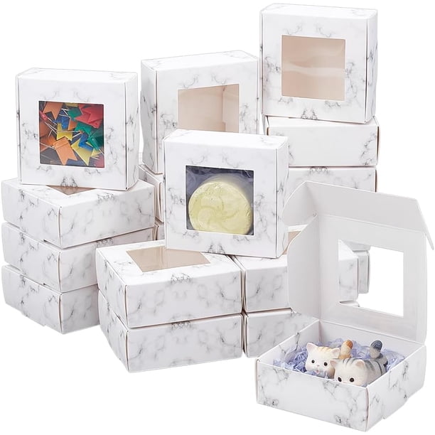 36 cajas cuadradas de papel con ventana transparente, 7,6 x 7,6 x 3 cm, caja de regalo plegable con estampado de mármol para cumpleaños, bodas y graduaciones.