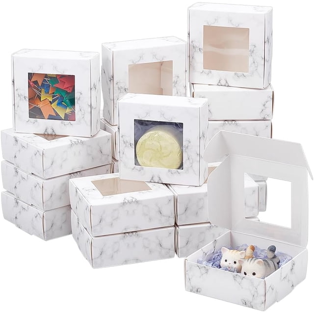 36 cajas cuadradas de papel con ventana transparente, 7,6 x 7,6 x 3 cm, caja de regalo plegable con estampado de mármol para cumpleaños, bodas y graduaciones.