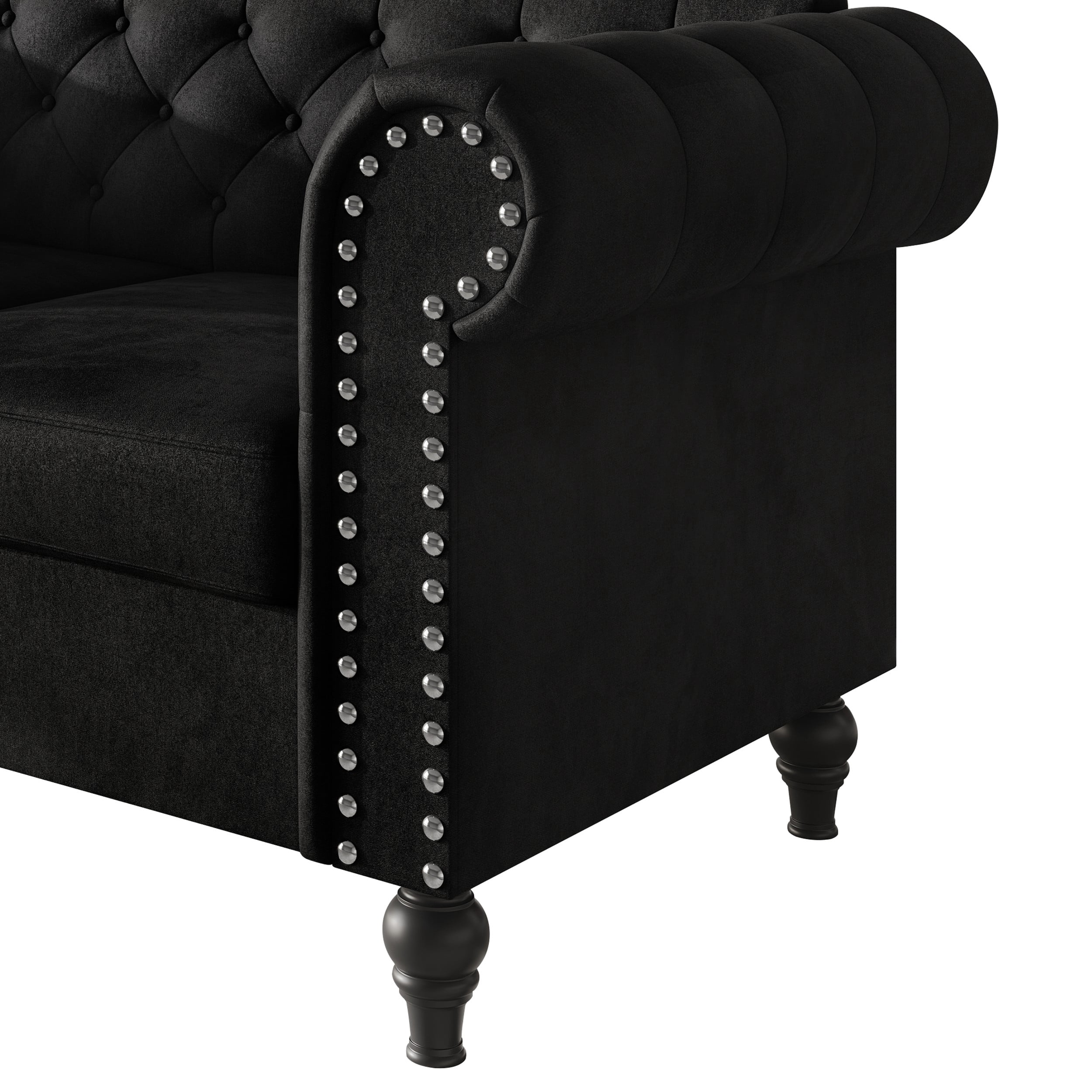 Home Design Kelso Velvet Rolled Arm Loveseat with Deep Button Tufting, Nailhead Trim and Turned Legs, Black