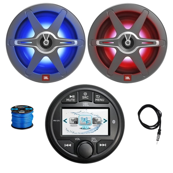 JBL PRV275 Gauge Style AM/FM/WeatherBand Radio Bluetooth Receiver, 2x 8" 450 Watt 2-Way Multicolor LED Outdoor Audio Speakers, Radio Antenna, Wire