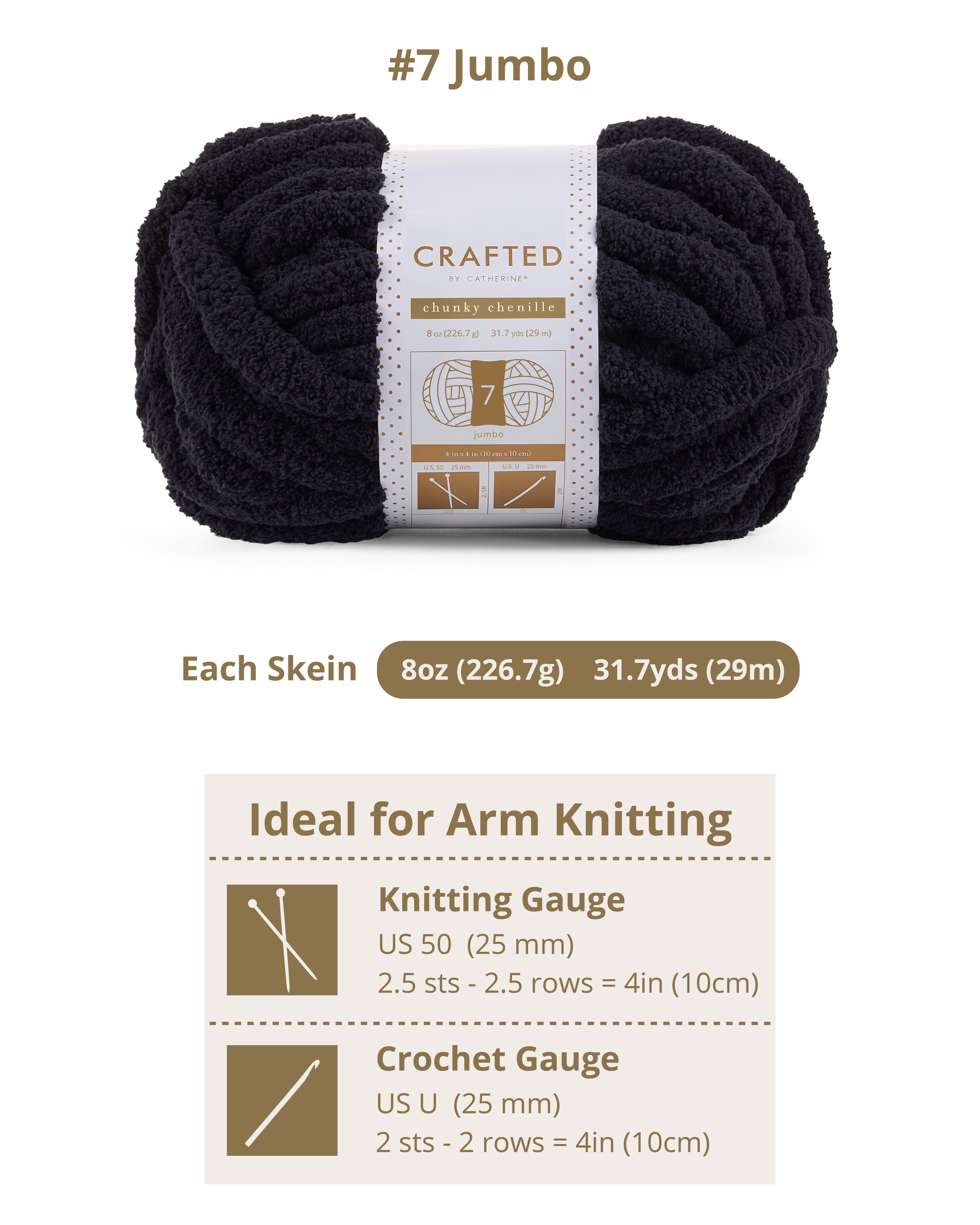 Crafted By Catherine Chunky Chenille Yarn - 2 Pack (8oz / 227g, 31.7 Yards Each Skein), Black, Gauge 7 Jumbo