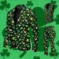 thumbnail image 2 of St. Patrick's Day 3-Piece Suit Set with Printed Trousers and Coordinating Vest for Formal Occasions Men's Green Clover Print Button Closure Suit, 2 of 7