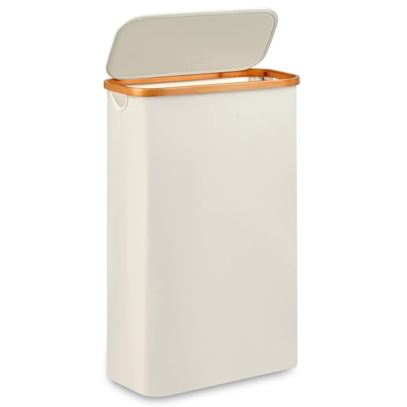 Cesto de ropa Merkisa Slim con tapa, 60 litros, color beige, con mango de bambú