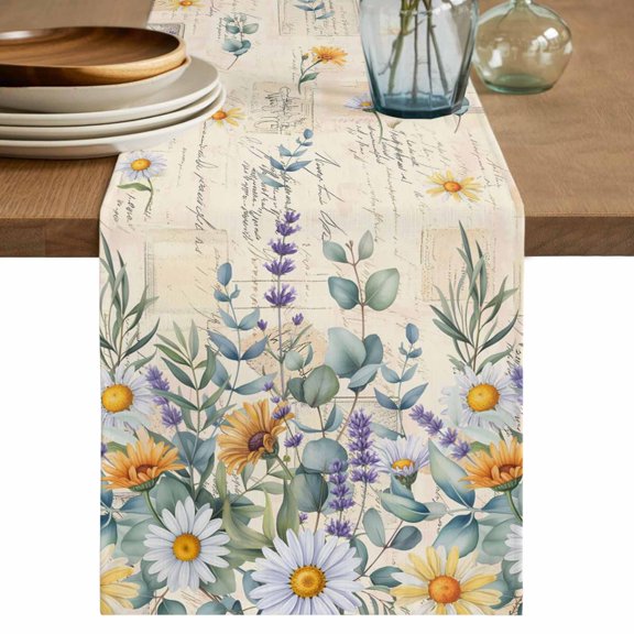 Table Runner 72 Inches Long for Kitchen Dining, Floral Eucalyptus Leaves Dresser Scarf Farmhouse, Dining Table Decorations for Wedding/Parties, Daisy Summer Botanical Vintage 16 x 72 In