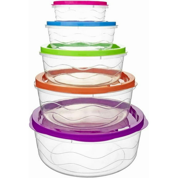 SUMMIT Round Food Storage Containers with Colorful Snap-On Lids – Set of 5 Plastic Kitchen Containers