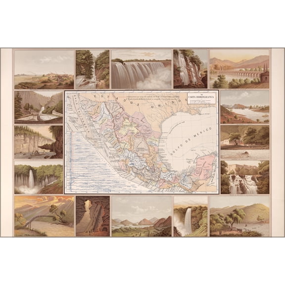 24"x36" Gallery Poster, Hydrographic map of mexico 1885