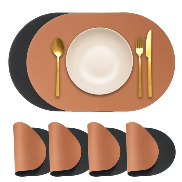 Conjuntos de 4 manteles individuales de cuero Uxcell, antideslizantes y lavables para cocina y comedor (Marrón/Negro)