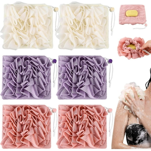 Washcloth Loofah Combo, 2 in 1 Bath Loofah Sponge with Drawstring, Exfoliation Mesh Shower Puff Ball for Body Wash Cleansing and Smooth Skin