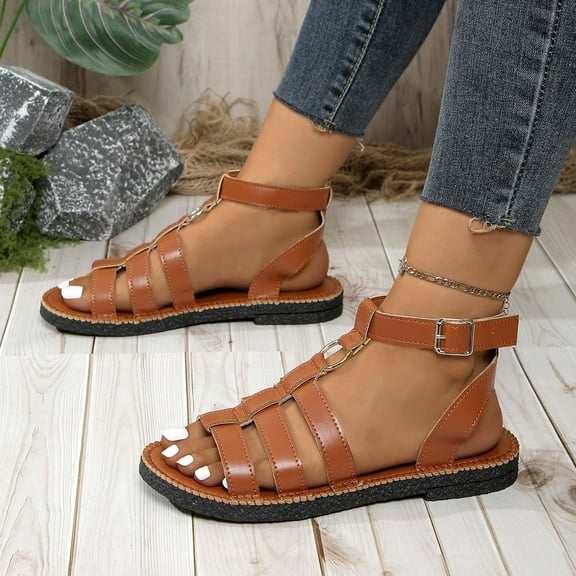 Viluyesy Women's Gladiator Sandals, Wide Width Adjustable Buckle Open Toe Spring Summer Fashion Flat Shoes Brown