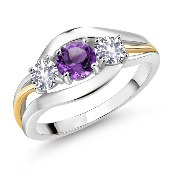 Gem Stone King 925 Sterling Silver and 10K Yellow Gold Round Purple Amethyst and White Created Sapphire 3 Stone Ring for Women (0.98 Cttw, Size 8)