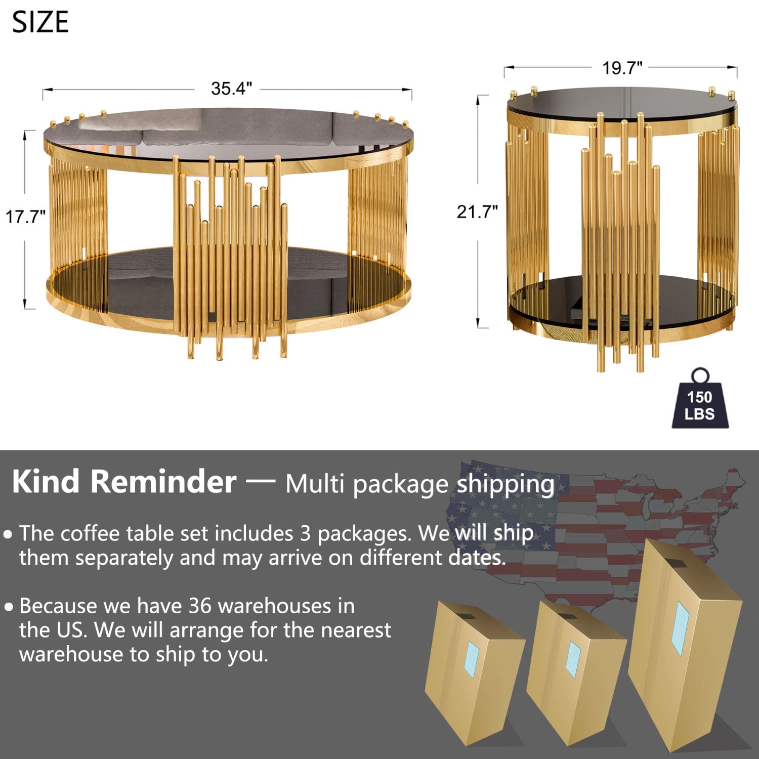 Round Coffee Tables Set of 3, Holaki 35.4" Modern Tempered Glass Coffee Table & 2 End Table with Stainless Steel Irregular Legs, Round Glass Table Set for Living Room