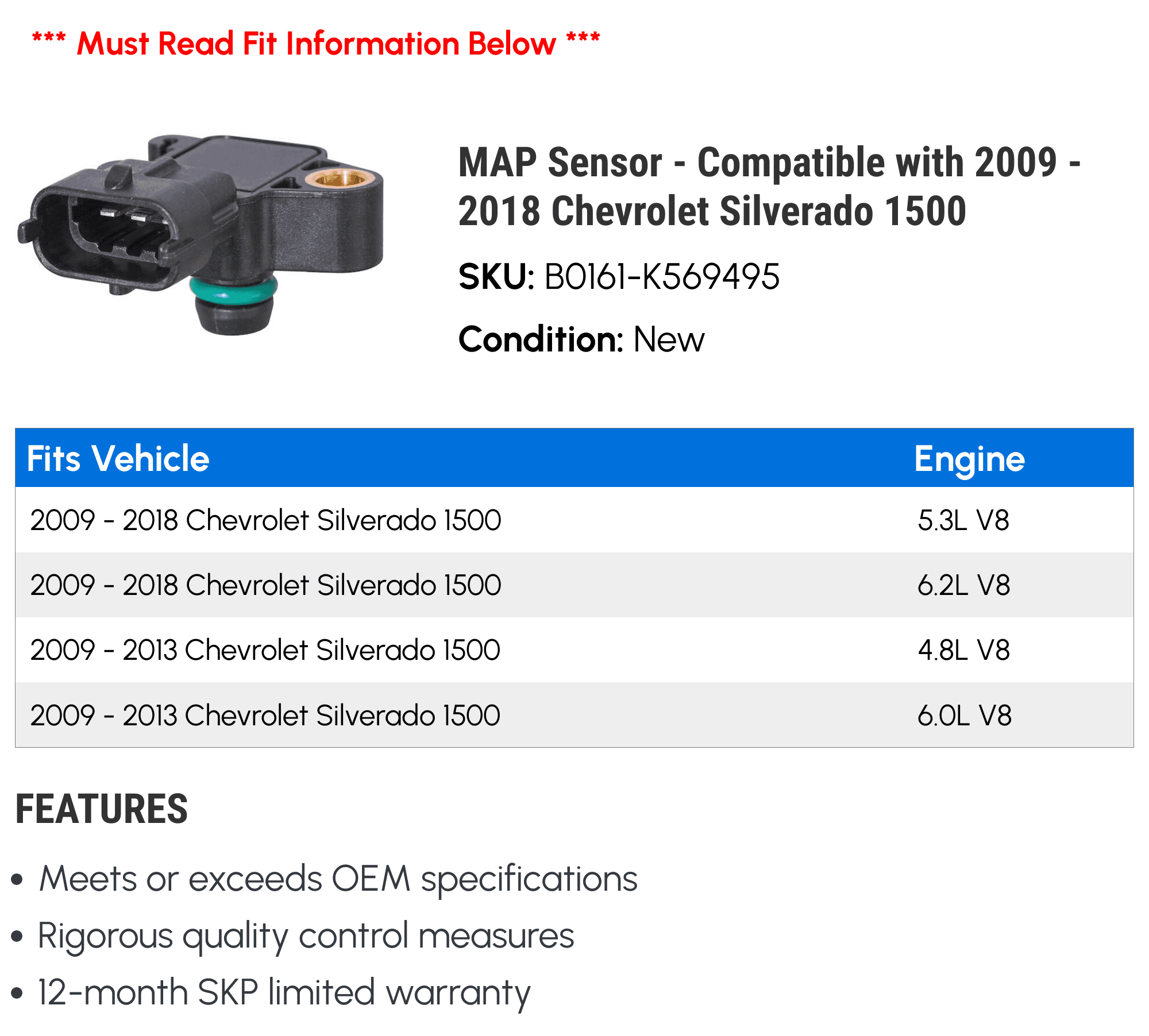 MAP Sensor - Compatible with 2009 - 2018 Chevy Silverado 1500 2010 2011 2012 2013 2014 2015 2016 2017