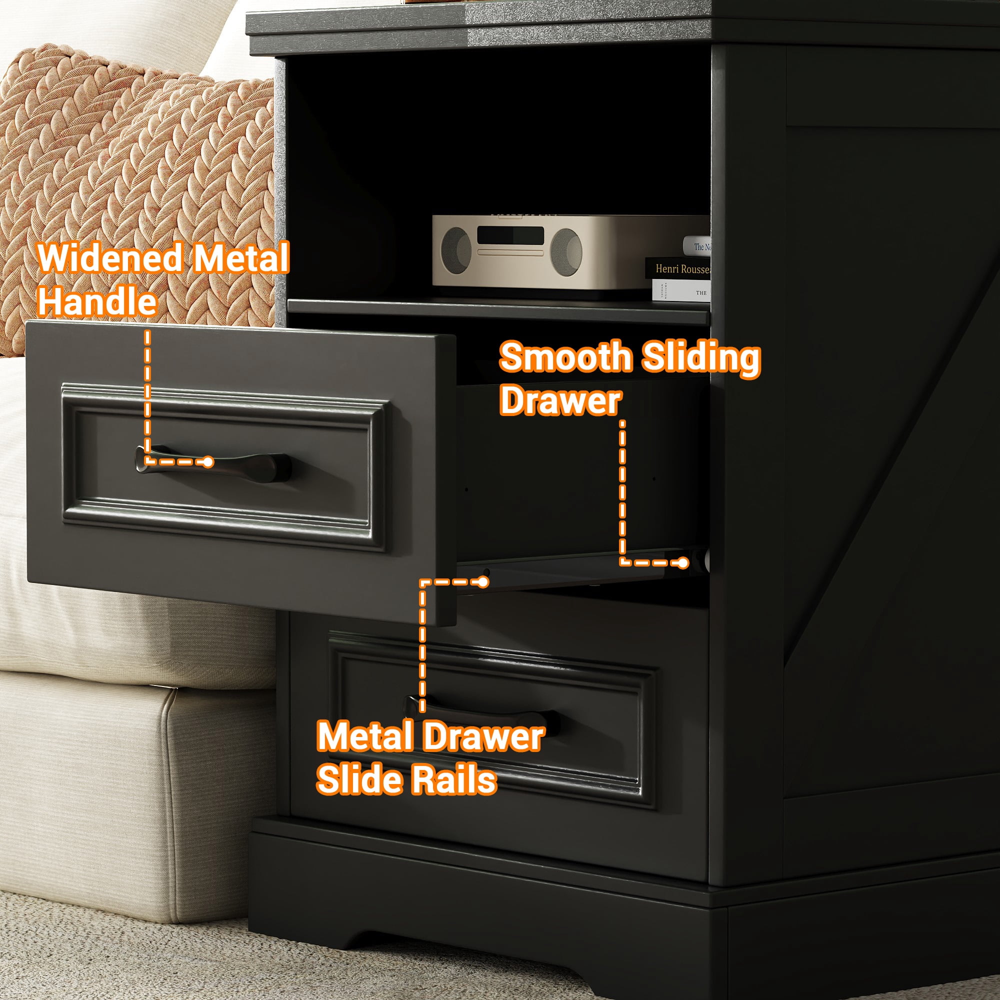 NEGYLIM 2-Piece Nightstand, Farmhouse End Table with Charging Station, 2 Drawers Storage for Bedroom, Black