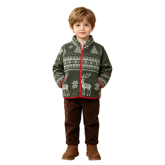 Ulitacool Winter Coats For Boys Christmas Zipper Jacket High Neck Long‑Sleeve Festive Snowflake Print Outerwear Toddler Simple Tops Green