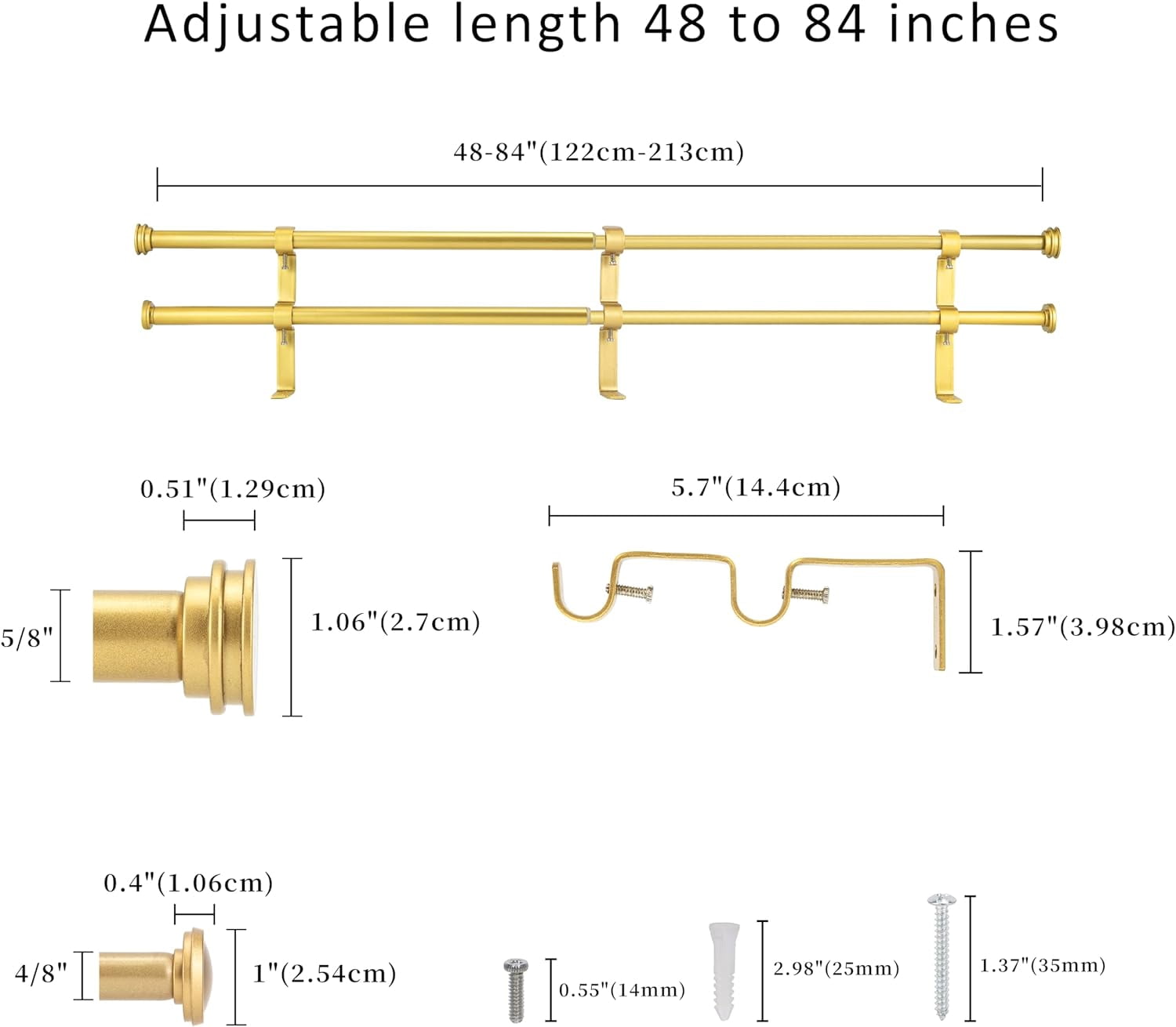 eTeckram 5/8" Double Curtain Rod with Nerveux Finials,Gold,48‘’-84‘’