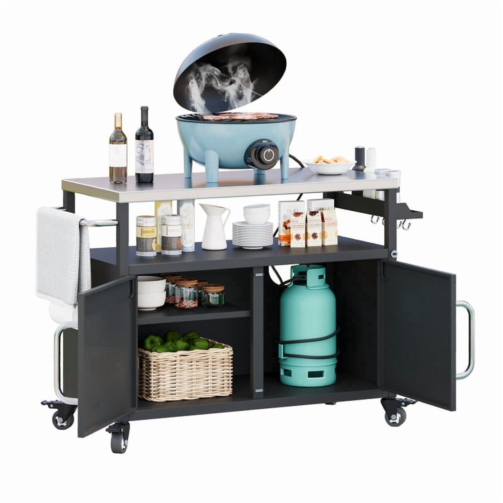 Outdoor Kitchen Island with Stainless Steel Tabletop, Outdoor Metal Grill Cart with 4 Lockable Wheels, Metal Grill Table with Spice Rack and Towel Rack for Outside BBQ