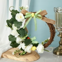 CSSAD 13 Inch Easter Wreath for Front Door, Spring Wreath Artificial Flower Wreath with Bow and Bunny for Summer Farmhouse Holiday Wall Home Window Decor