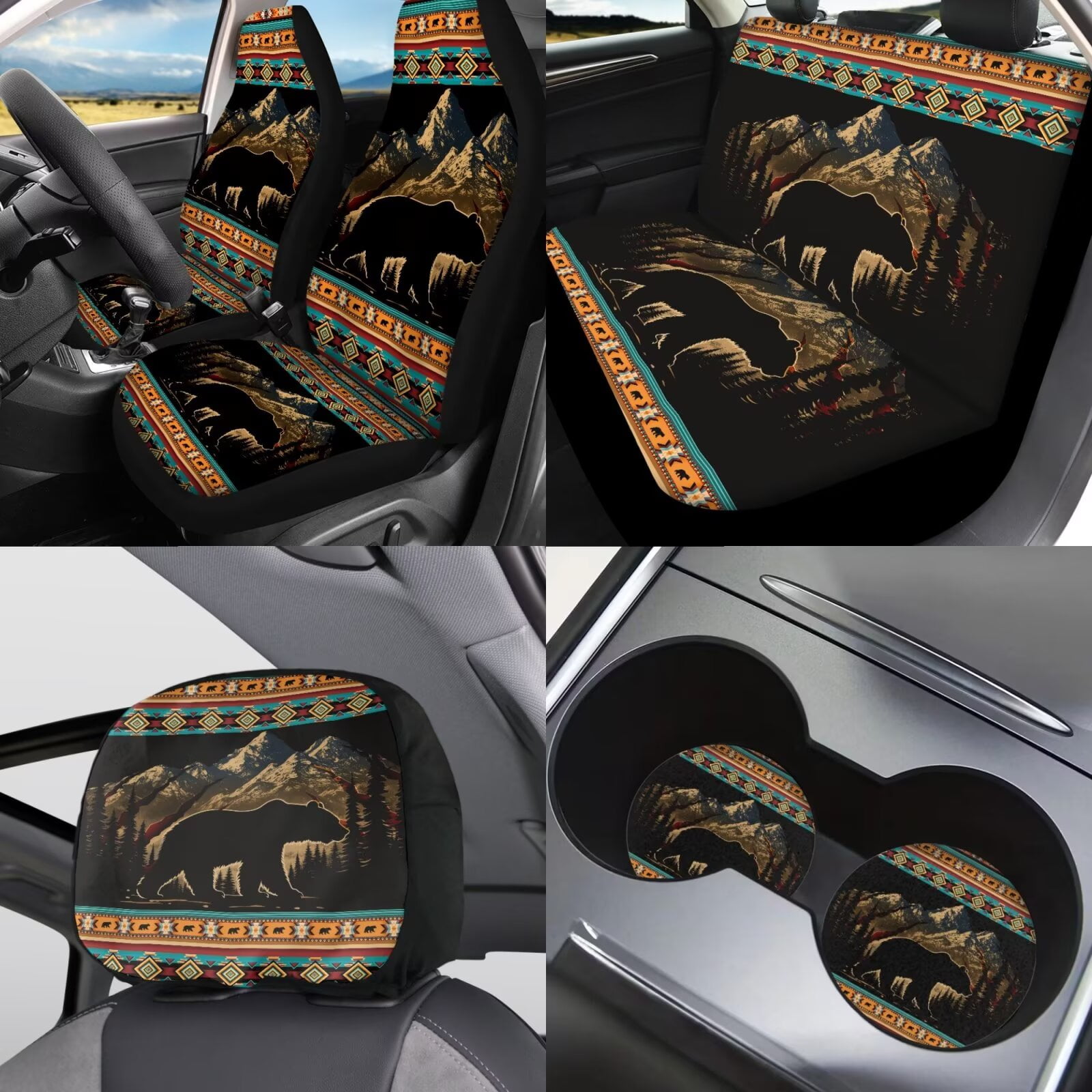 Garronmavis Aztec Mountain Bear 11Pcs Car Seat Cover with Headrest Cover+Cup Coasters+Handbrake Gear Shift Sleeve+Lanyards Key Chain Universal Fit Most Cars SUV Van Sedan Truck Interior Decor Sets