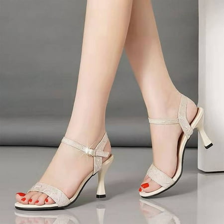 

uikmnh Women Shoes Fashion Summer Women Sandals High Heel Buckle Solid Color Open Toe Casual Style Beige 6.5