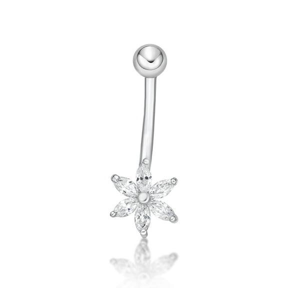 16 Gauge 10K White Gold 8MM Cubic Zirconia Flower Belly Ring