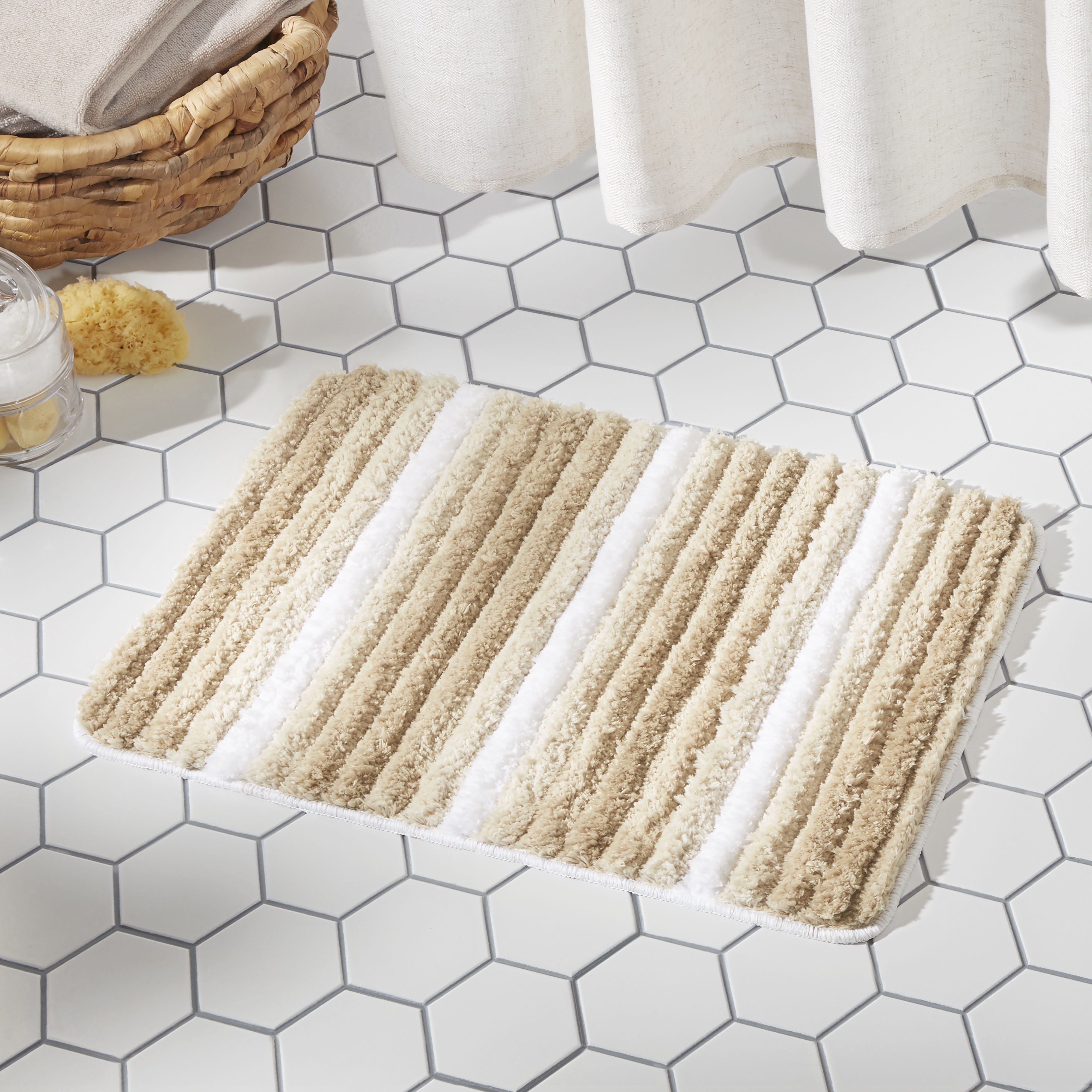 Sohome Chino Striped Machine Washable Bath Mat, Brown/White, 20"x32"