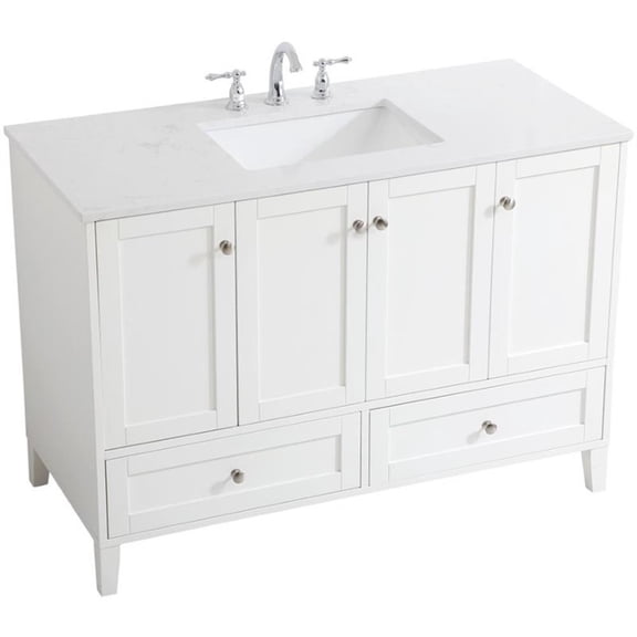 Pemberly Row Modern 48" Single Quartz Top Bathroom Vanity in White
