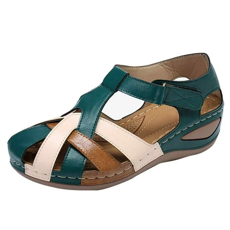 CHOII Promotion! Women Summer Casual Low Wedges Slip On Sandals Platform Beach Sandals Velcro Slide Slipper for Ladies Breathable Round Toe Cross Buckle Shoes Green/9
