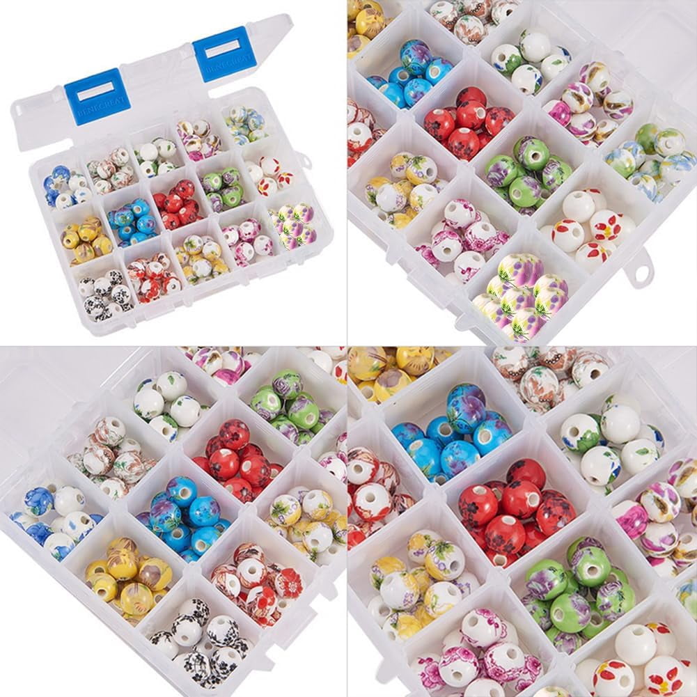 150pc Porcelain Beads 15 Styles Flower Round Beads 10mm Handmade Ceramic Beads DIY Chinese Spacer Beads Handmade Jewelry Making Bracelets Necklace Traditional Chinese Style DIY Making
