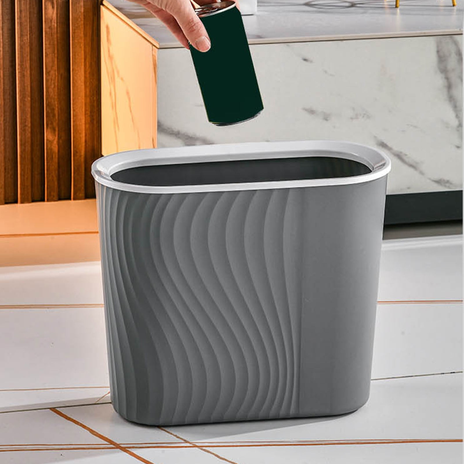 Cagogo Wastebasket, Plastic Trash Can, Striped Seamless Design for Home Kitchen Bathroom, Blue Gray White Small Garbage Bin for Office Garage Dorm