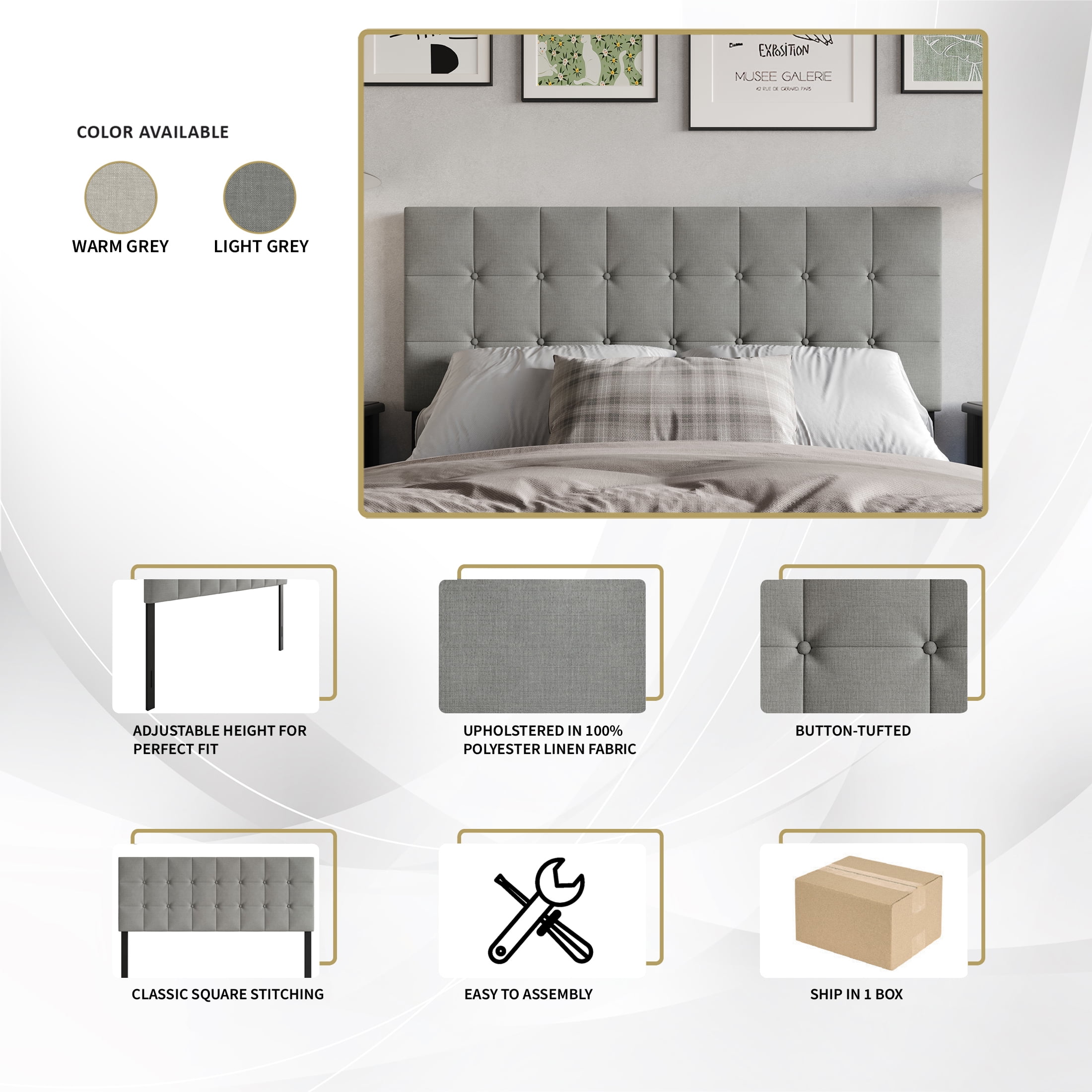 Castle Place Full Square Button-Tufted Upholstered Headboard, Linen, Light Grey