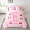 thumbnail image 3 of Homewish Bow Bowknot Ribbon 7pcs Bedding Comforter Set,Red Sweet Cherry Queen Bedding Sets,Pink First Letter E Queen Sheet Sets For Girls,Super Cozy Room Decor Reversible, 3 of 9