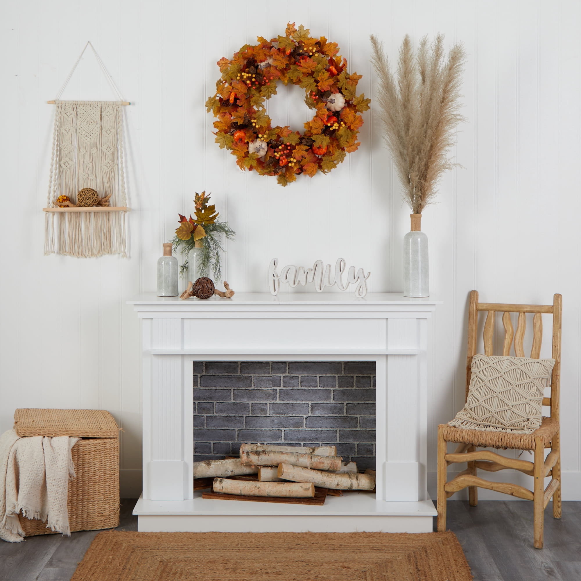 Nearly Natural Plastic Autumn Artificial Fall Wreath, with Pumpkin, Maple Leaf 30" (Orange)