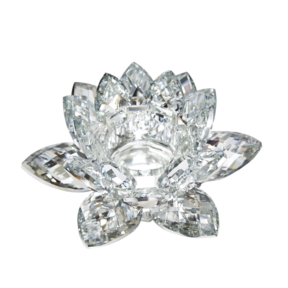 Clear Crystal Lotus Flower Candle Holder, Silver