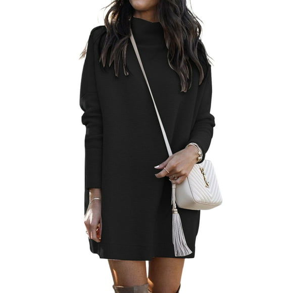 Innerwin Pullover Jumper Crew Neck Ladies Sweater Dress Winter Long Sleeve Chunky Mini Dresses Black XL