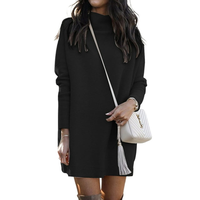 Innerwin Robe Chandail à Col Rond pour Femme, Robe Chandail d'Hiver à Manches Longues, Mini Robe Épaisse, Noir, TG
