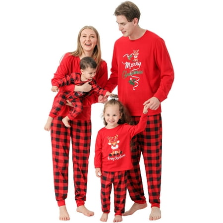 

Family Christmas Pjs Matching Sets Red Plaid and Letters Printed Pattern Long Sleeve Tops and Pants for Adult Kids Baby