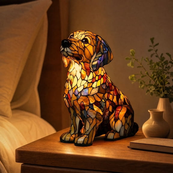 JHRGJIO Puppy Lamp Stained Glass, Dog Night Light Stained Resin Pup Light Charge Powered, Table Lamp Puppy Lamps for Home Bedroom Desk Display Warm Cozy Cute Unique