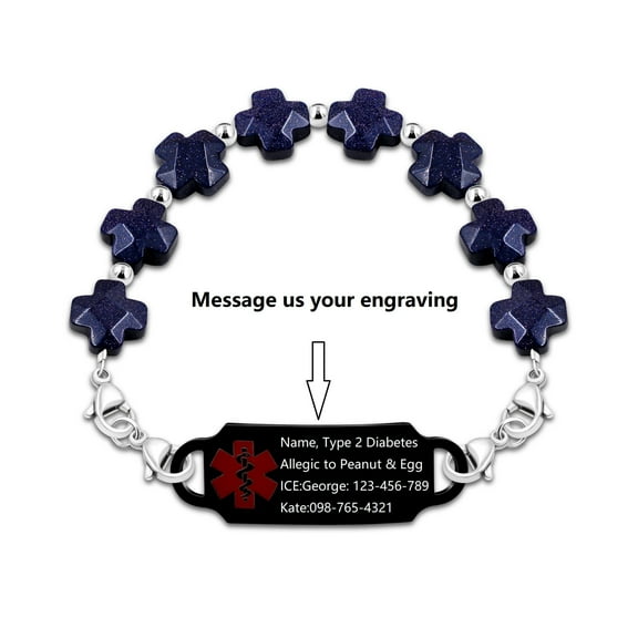 Customized Stainless Steel Medical Alert First Responder ID Tag Bracelet | Double Lobster Clasp Natural Greek Cross Stone Hospital Rescue Bracelet with Rod of Asclepius for Life-Saving