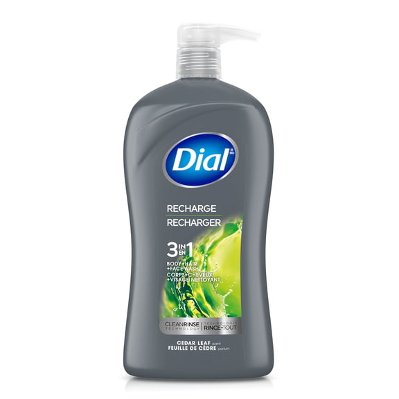 Dial Recharge 3-in-1 Men's Body Wash for Body, Hair, & Face, Cedar Leaf Scent, 32 fl oz