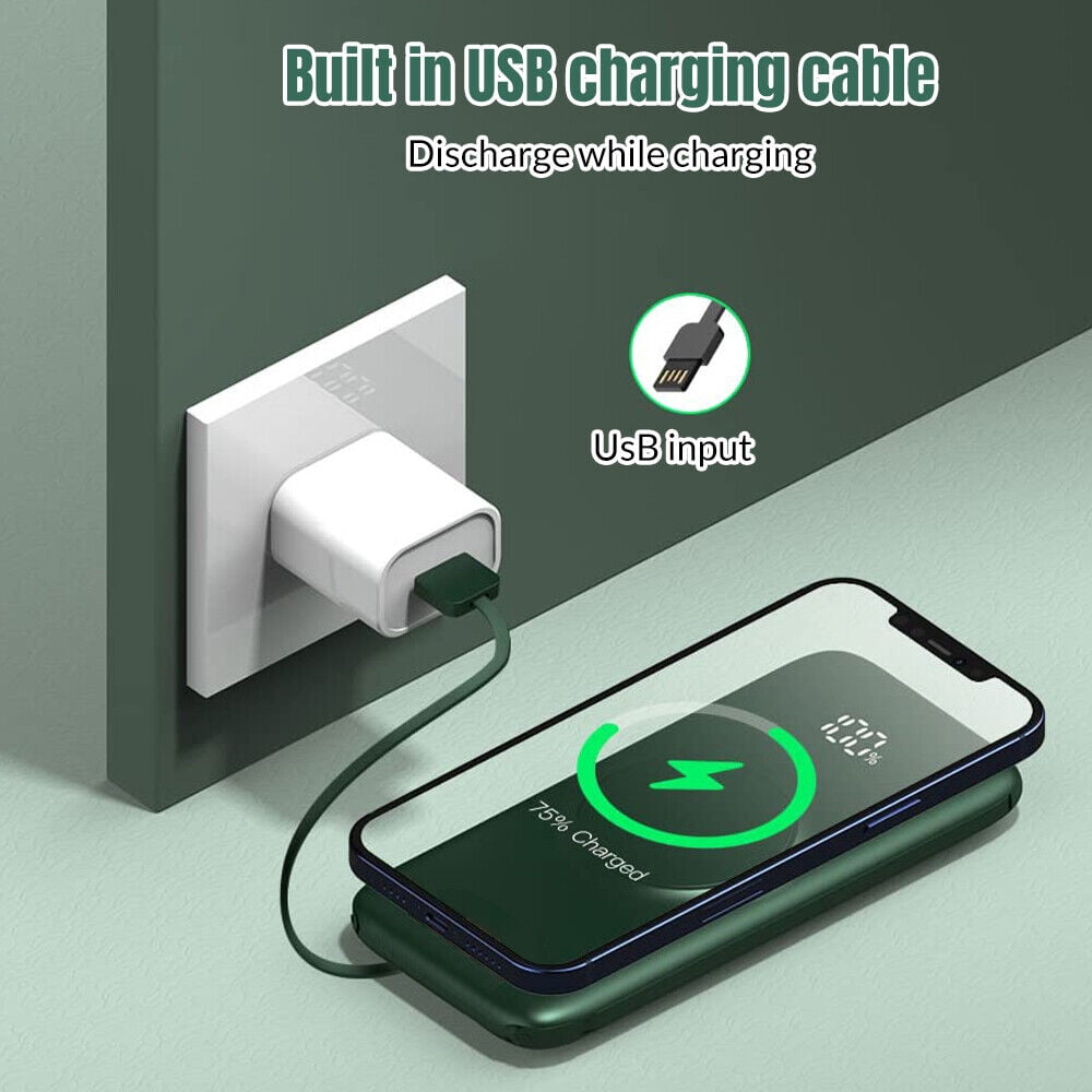 Portable Charger with Built-in Cable, 10000mAh Ultra-thin Power Bank, LED Display Compatible with iPhone, Samsung, Android