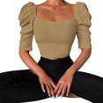 thumbnail image 1 of Camiseta casual de manga abombada con cuello redondo y ajuste delgado acanalado de color puro para mujer, color caqui S, 1 of 7