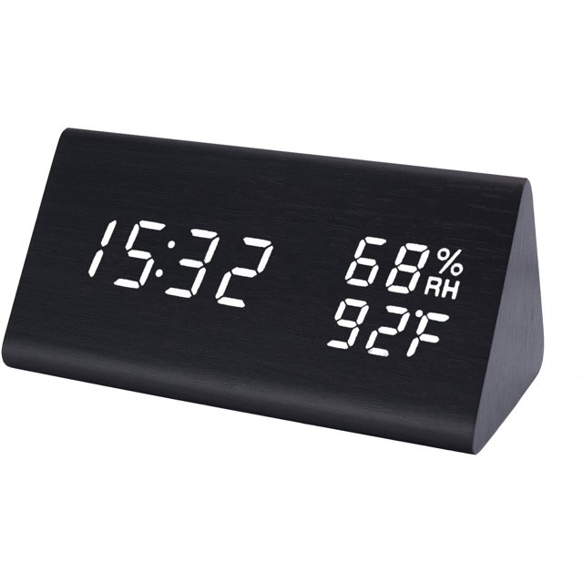 Reloj nocturno Reloj de escritorio de madera LED Reloj despertador de madera Luz nocturna Reloj moderno Mostrar hora Fecha Calendario Temperatura Humedad Brillo Ajustar reloj Oficina en el hogar Habitación para niños Kuroki Luz blanca Sailing Electrónica