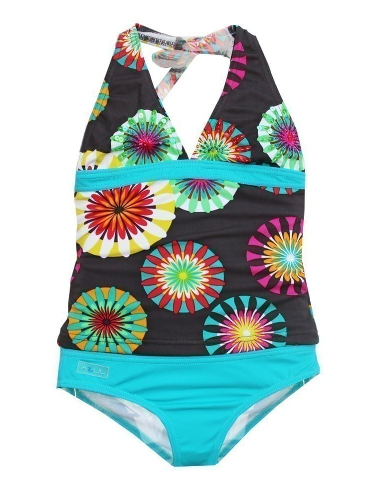 Azul Swimwear Azul Little Girls Turquoise Pinwheel Printed Halter 2