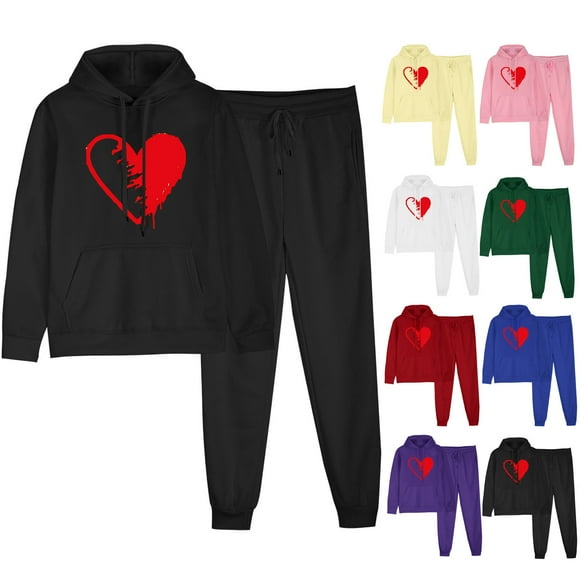 JURANMO Casual Outfits for Women, 2 Piece Set Heart Graphic Y2K Long Sleeve Hoodies With Pocket Elastic Waist Sweatpants Lounge Sets Sweatsuit Limited Time Deal Black XXXL