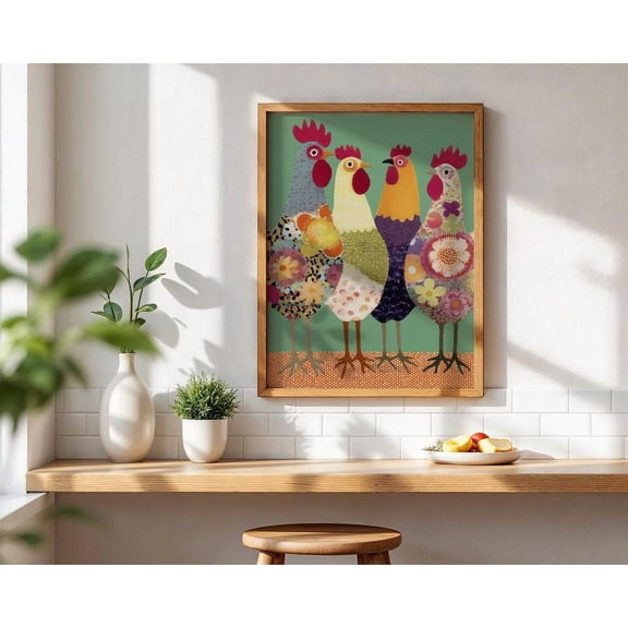 Rooster Family Poster Wall Art, Colorful Chicken Illustration For Rustic Farm Animal Kitchen Or Room Decor UNFRAMED Poster, Wall Art for Decor, Present, 8x12