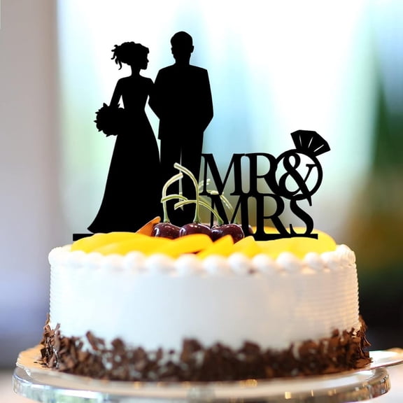 Rustic Mr & Mrs Silhouette Cake Toppers Custom Family Name Est Date Silhouette Bride & Groom Cake Toppers For Wedding Bridal Shower Party Decor Wedding Gifts For Couple Acrylic Black