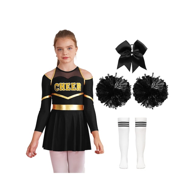 Moggemol Costume de Cheerleader pour Filles Manches Longues Robe Cheerleading Pompon Stock Attache Cheveux Performance Danse Blanc&Noir 10
