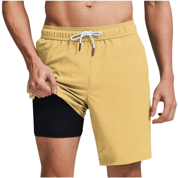 FAHXNVB Mens 2 in 1 Swim Trunks Elastic Waist Drawstring Compression Lined Bathing Suits Solid Color Summer Pool Vacation Beach Shorts
