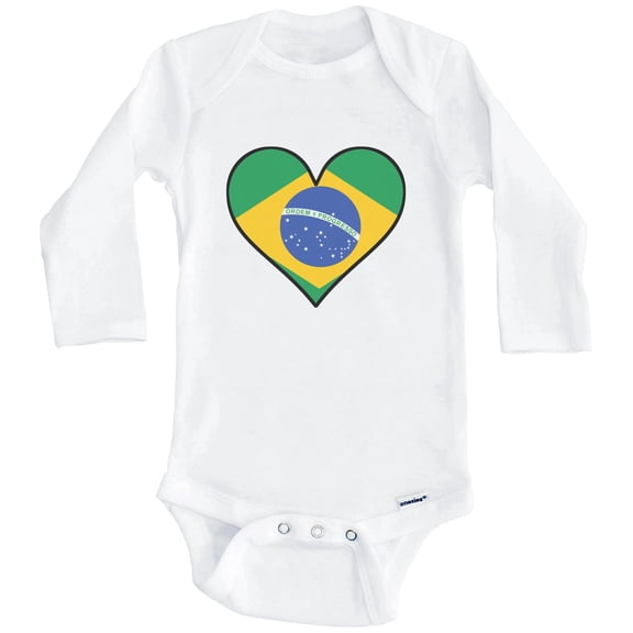 Brazilian Flag Baby Bodysuit - Cute Brazilian Flag Heart - Brazil Baby Bodysuit (Long Sleeve), 0-3 Months White