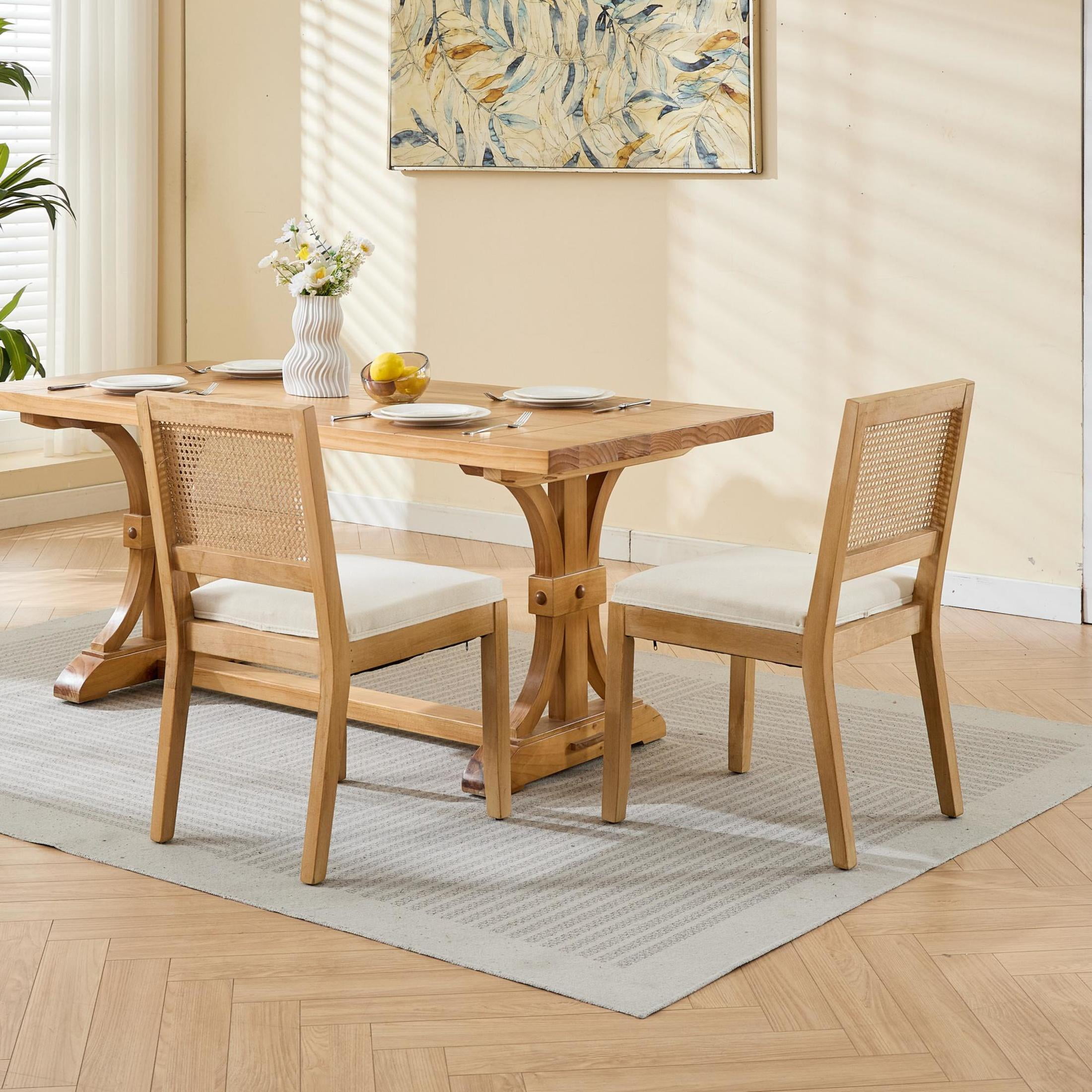 Noble House Set of 2 Farmhouse Dining Chairs with Cane Back, Rubberwood Frame, Beige